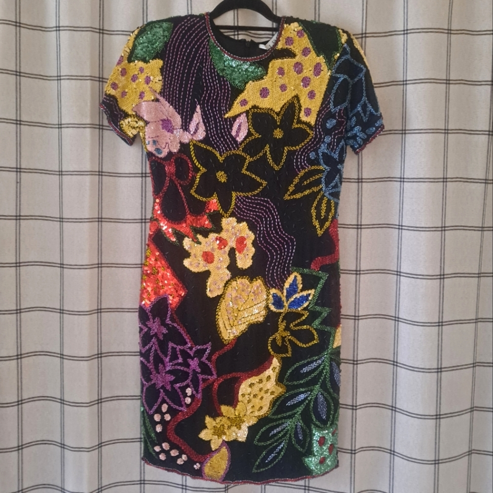 Vintage 80s Beaded Floral SILK Dress